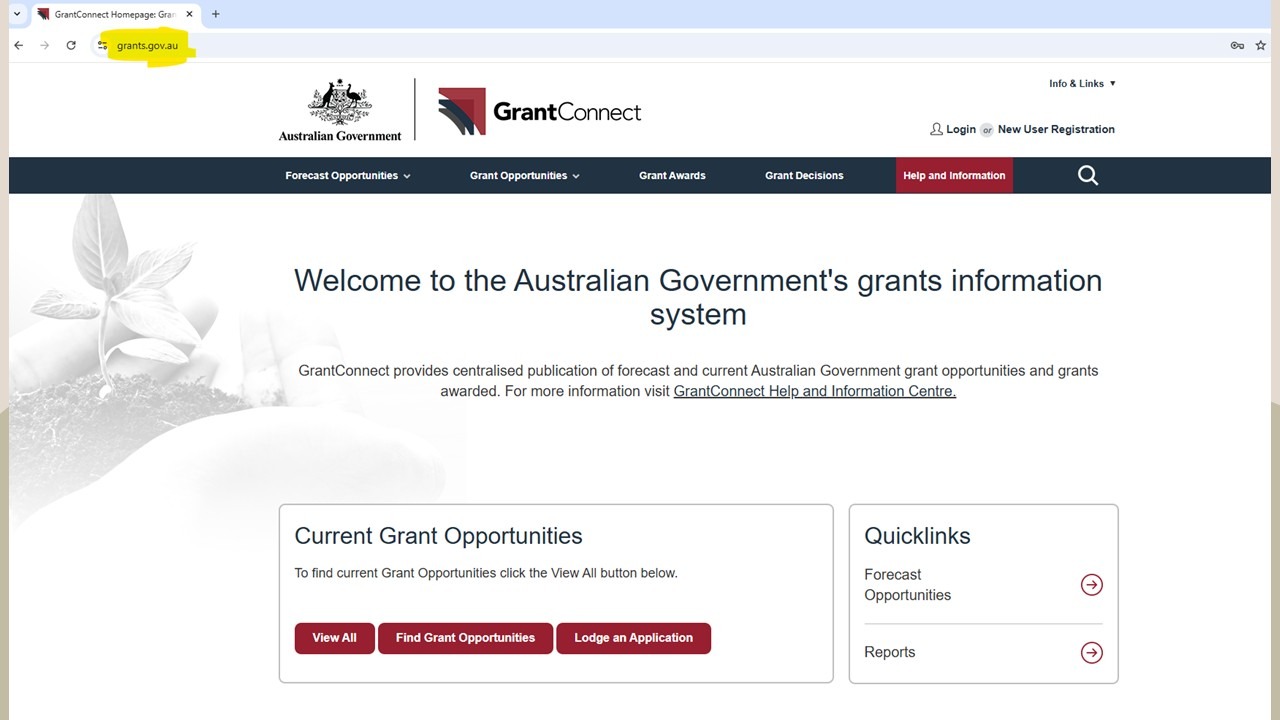 Screenshot of grants.gov.au GrantConnect homepage, where Australian farmers, including WA sheep producers affected by the live export phase out, can access and apply for Federal Government grants such as the Farm Business Transition Grant.