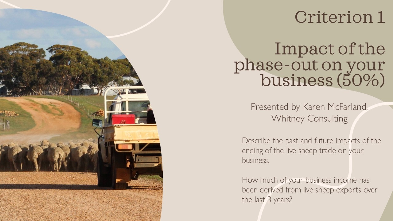 Grant application guidance slide explaining Criterion 1 for the live sheep export phase out, with a farm image of sheep being herded on a rural property.