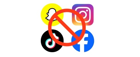 Social media apps including Snapchat, Instagram, TikTok, and Facebook with a red prohibition symbol, representing Australia’s under-16 social media restrictions.