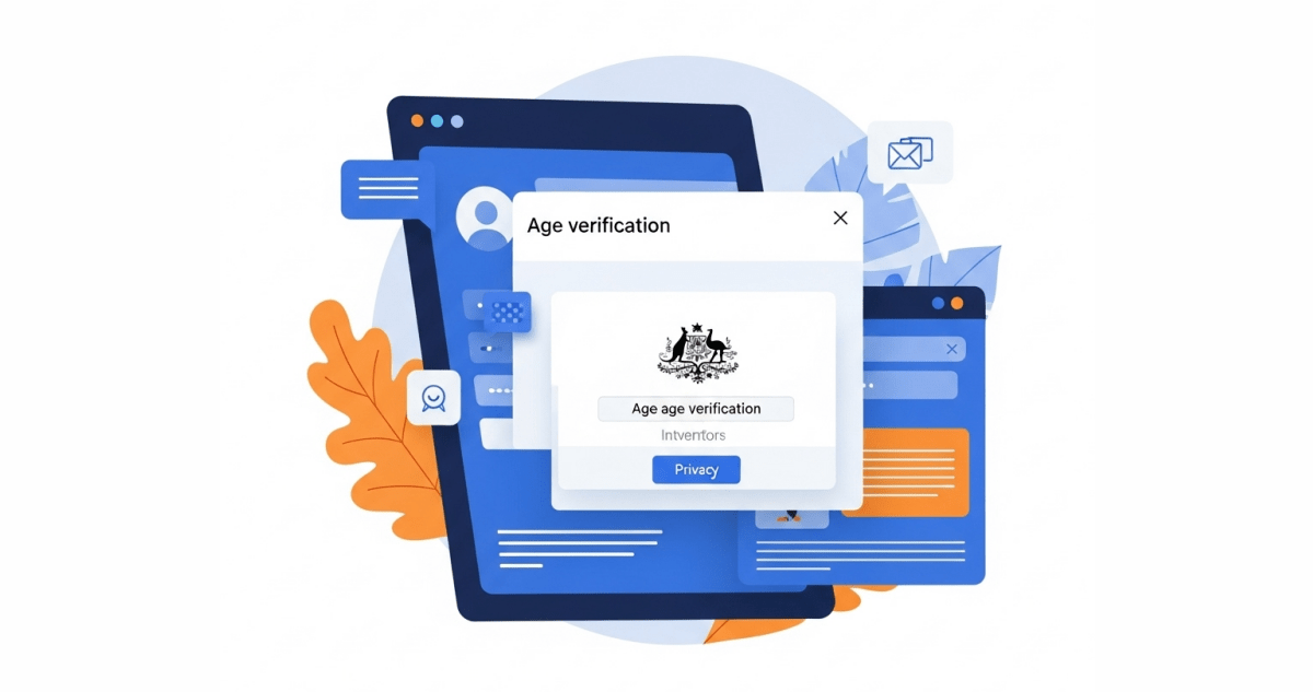 Illustration of an online age verification pop-up displaying the Australian Government emblem, highlighting new age-check rules for search engines.